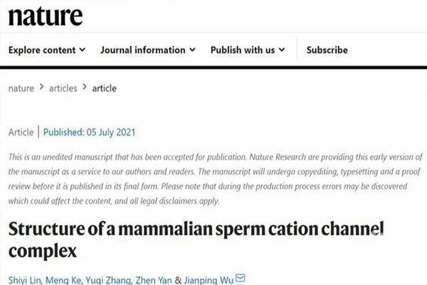 《一个哺乳动物精子阳离子通道复合物的结构》